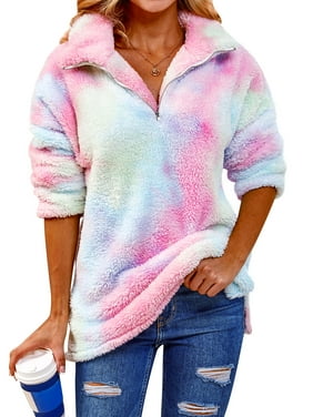 StarVnc Women Faux Fur Tie Dye Sweater V Neck Zipper Long Sleeve Lapel Fluffy Pullover